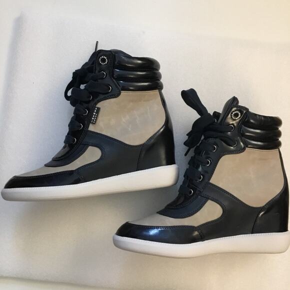 Armani Jeans Blue High-Top Wedge Sneakers - Picture 4 of 11